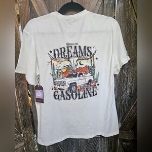 NWT White Graphic Tee with Truck and Desert Scene "Dreams And Gasoline"